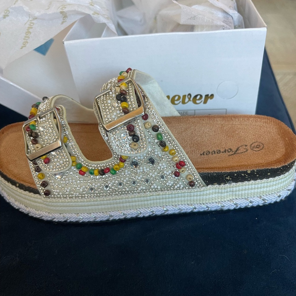White colorful platform double buckle slides by Forever. 3sizes left